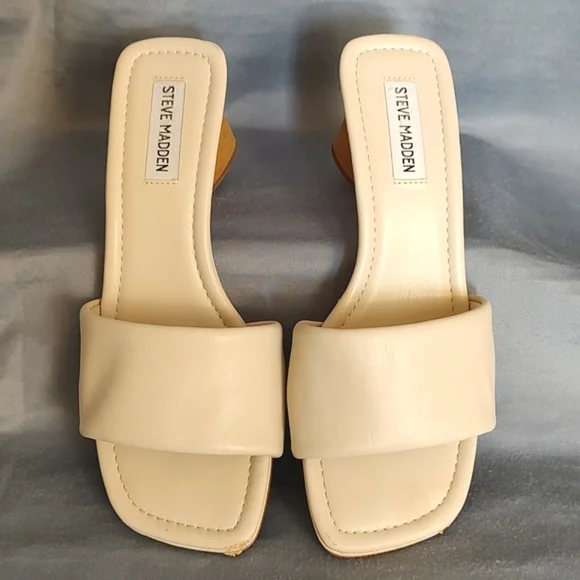 Steve Madden Modern Kinda Gal Wood Triangle Slide Sandales/Size 8 - Picture 3 of 9